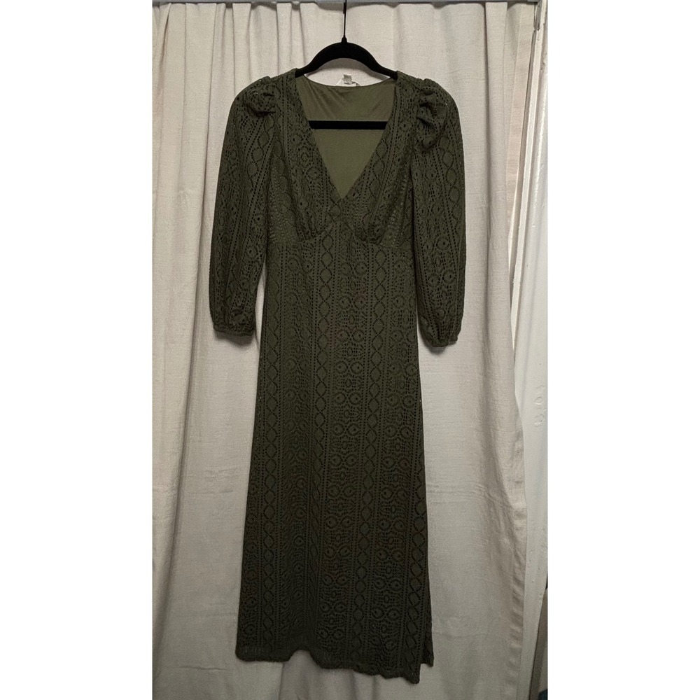 Springfield Olive Green Eyelet Crochet Midi Dress V-Neck Puff Sleeve XS